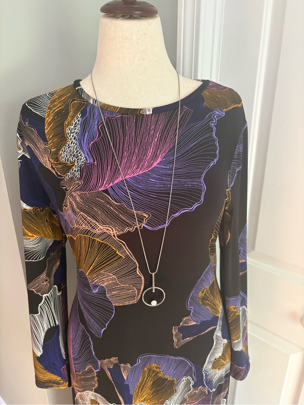 Chico's Black Long Sleeve Floral Maxi Dress with Purple & Gold Accents - Picture 3 of 10